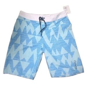 Light Blue & White Geometric Men’s Swim Board Shorts